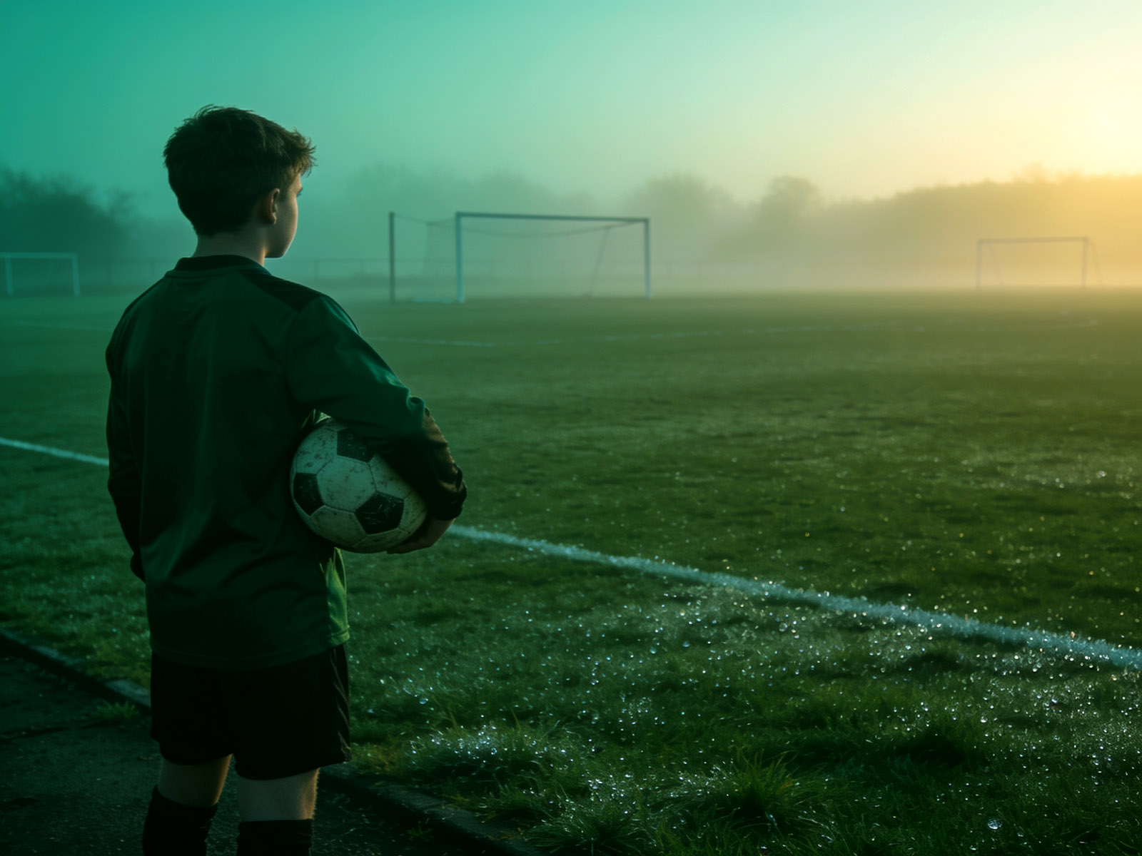 A young footballer training at dawn