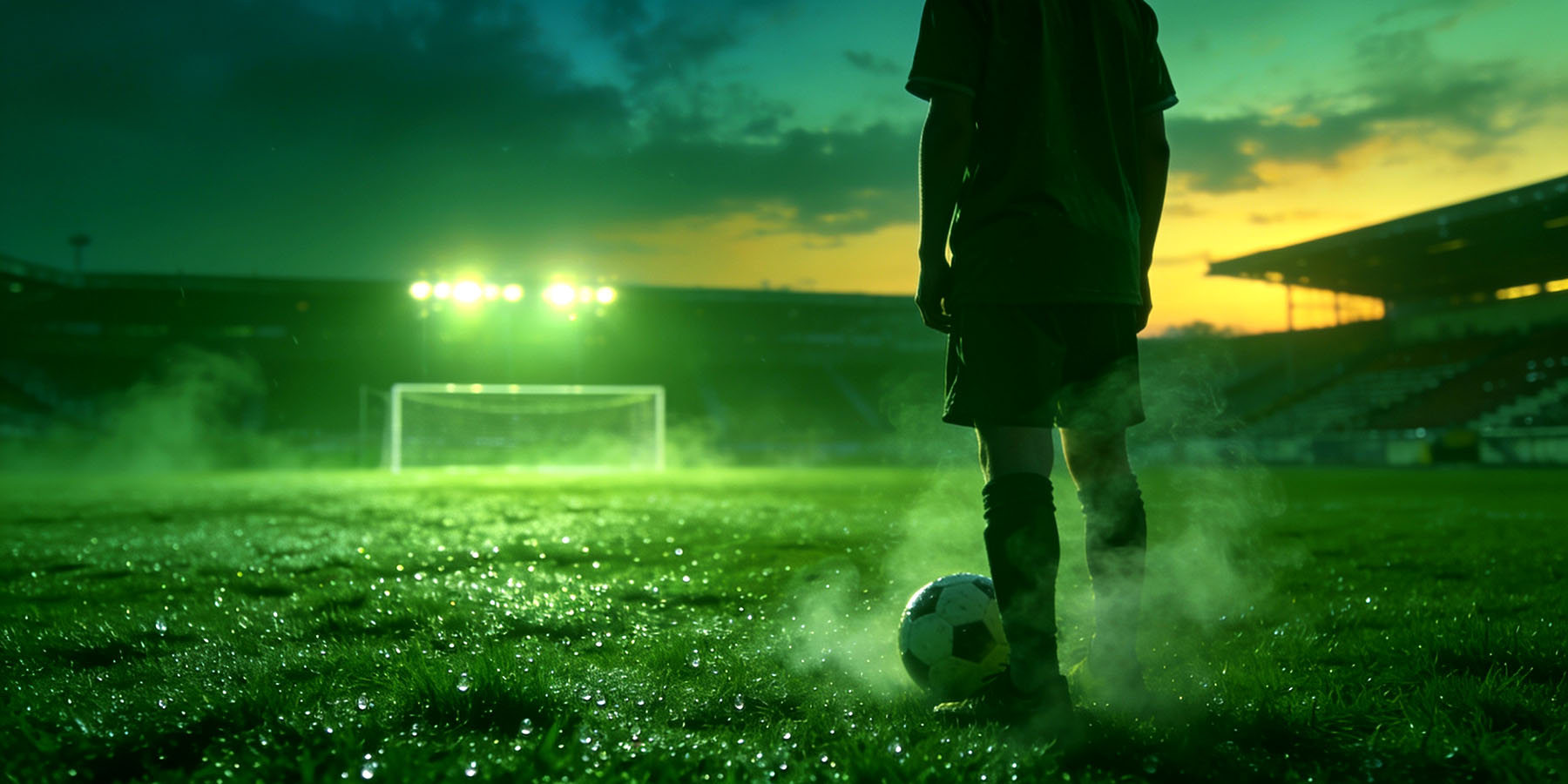 Young footballer standing over the ball on a floodlit pitch at dusk