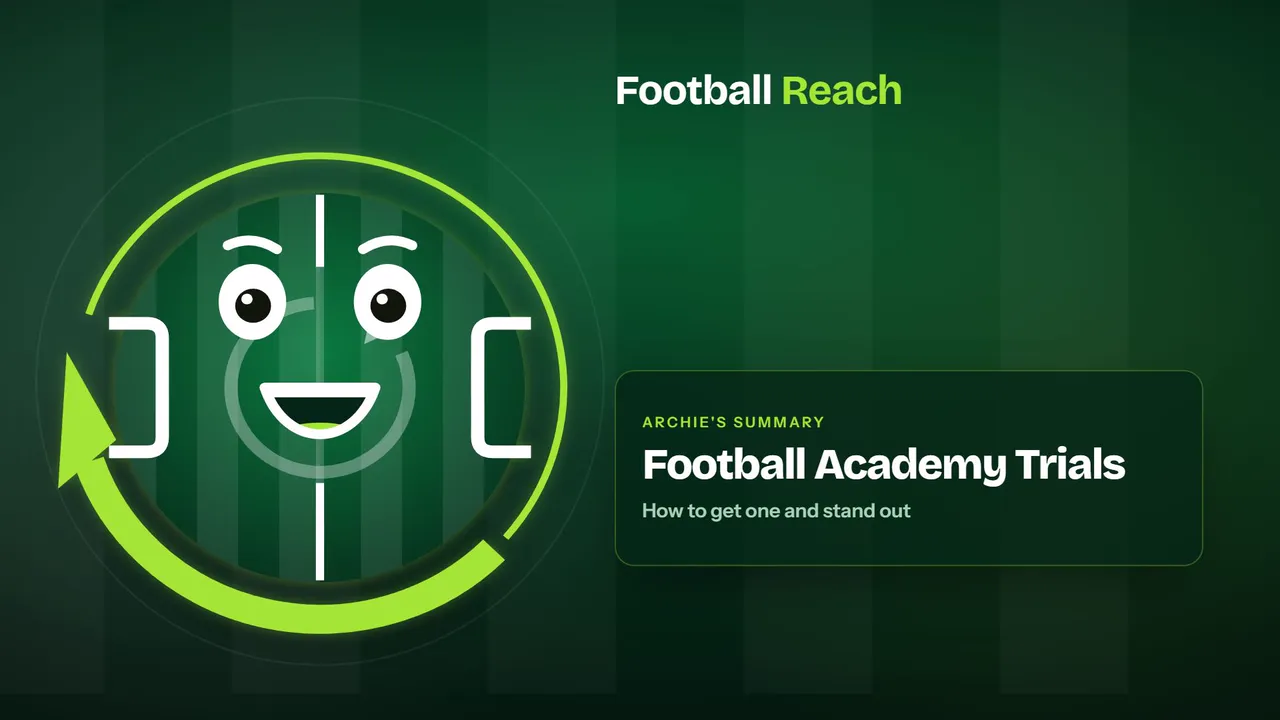 Archie, the Football Reach guide, with the title card of his summary of Football Academy Trials: How to Get One and How to Stand Out