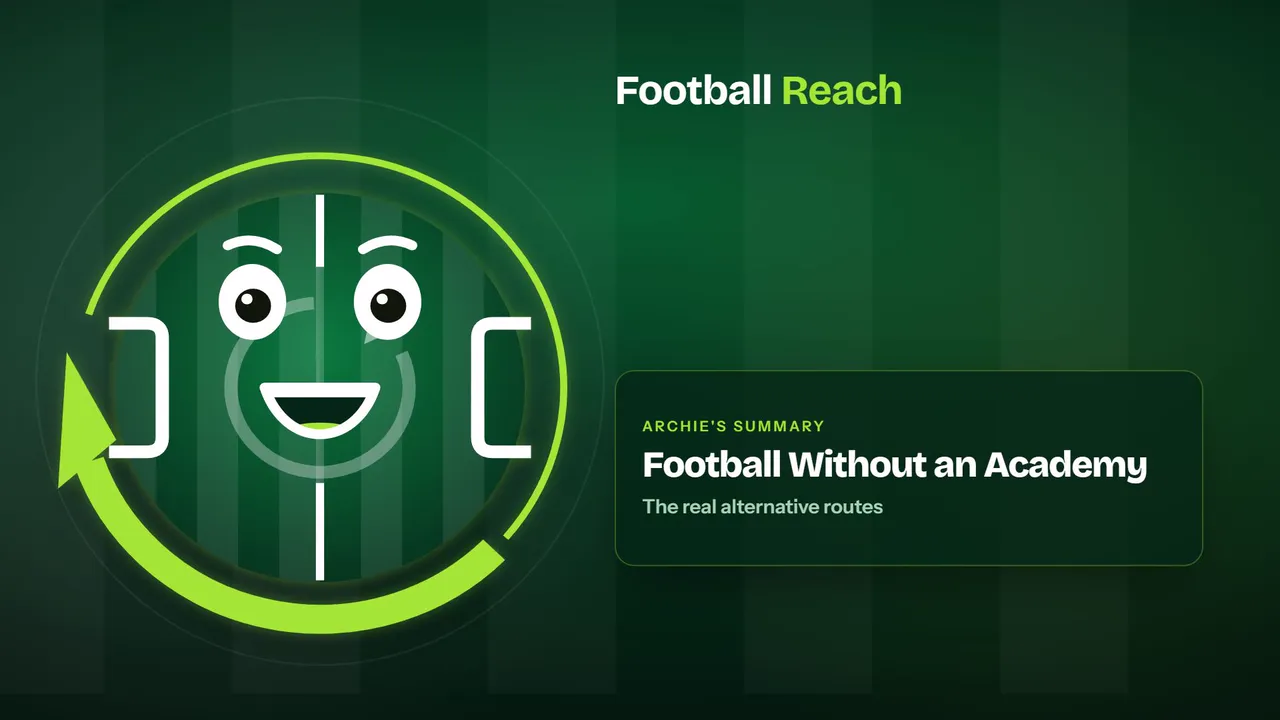 Archie, the Football Reach guide, with the title card of his summary of How to Get Into Football Without an Academy: Non-League and Other Routes