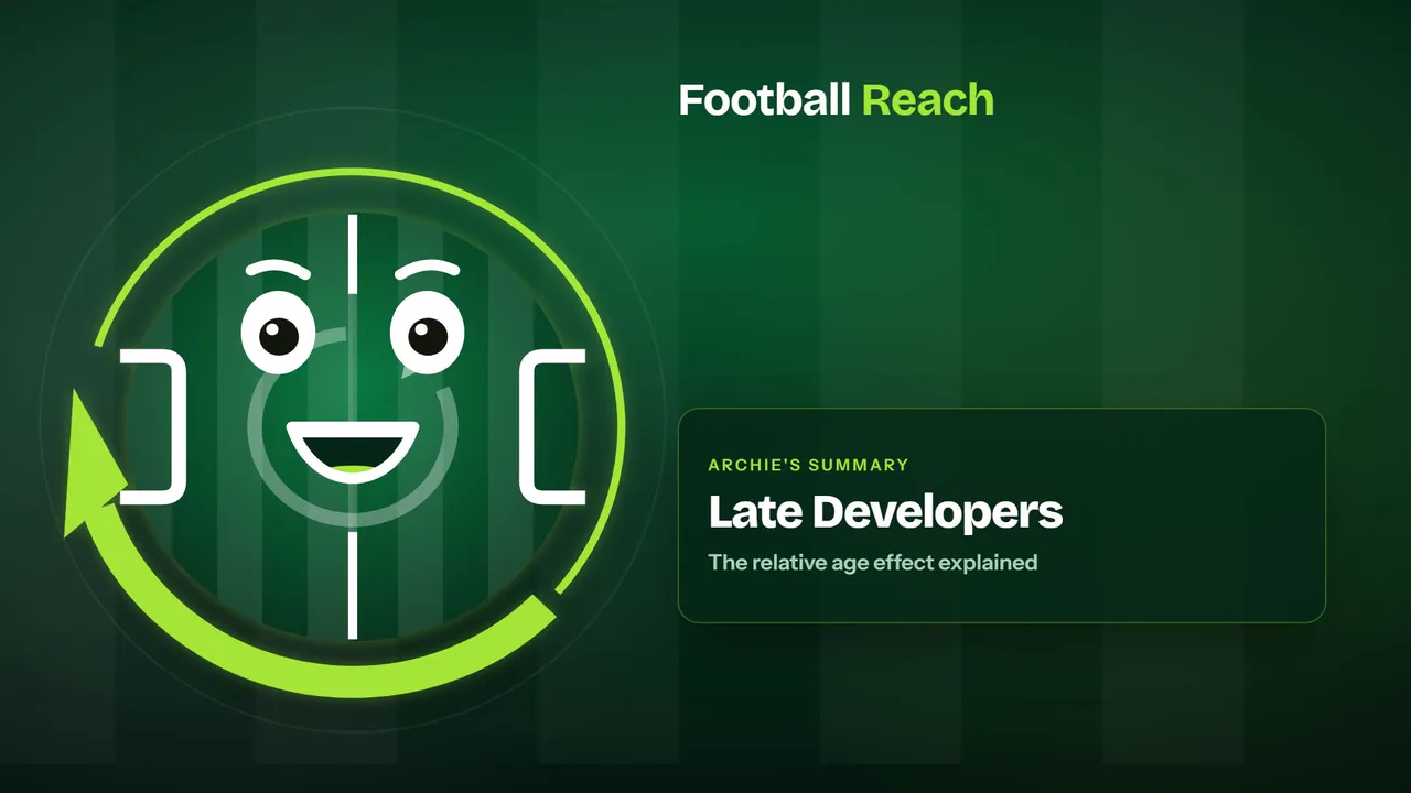 Archie, the Football Reach guide, with the title card of his summary of Late Developers in Football: The Relative Age Effect and Bloomers